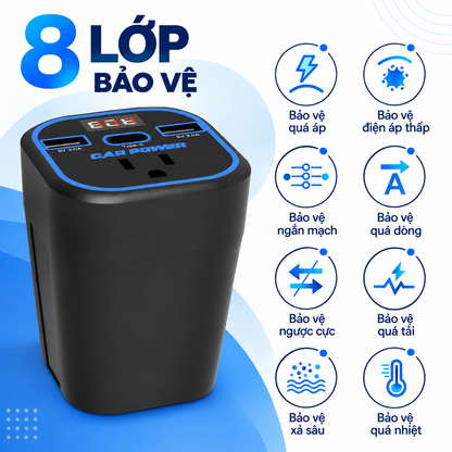 Bộ Chuyển Đổi Điện 200W cho Ô tô | 4 in 1, Sạc nhanh, có ổ AC và cổng USB-C