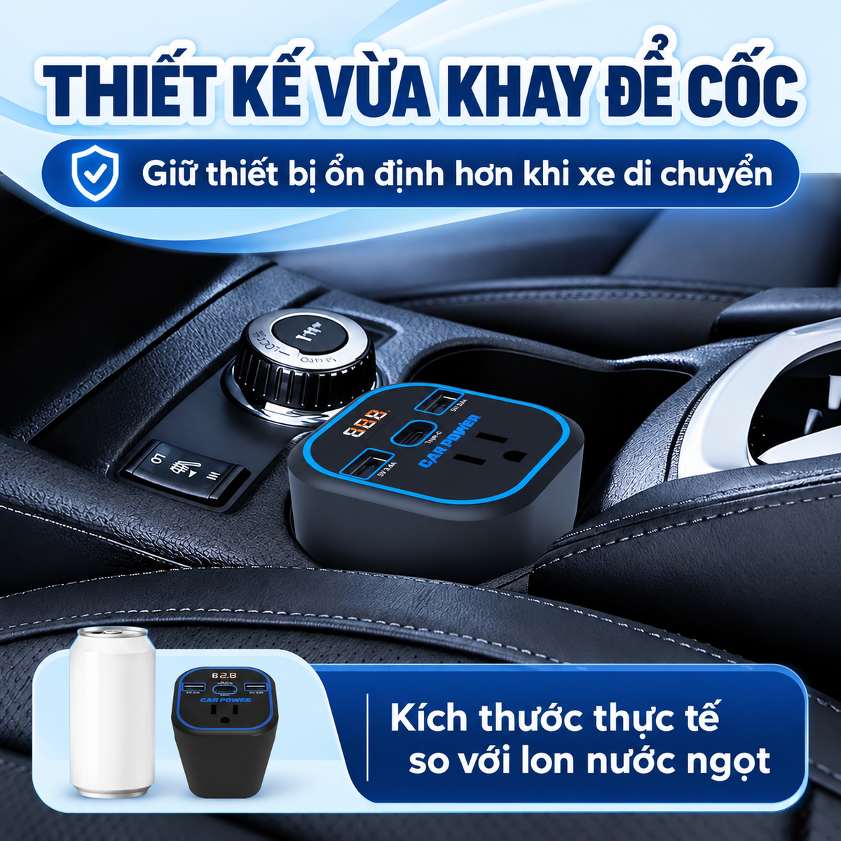 Bộ Chuyển Đổi Điện 200W cho Ô tô | 4 in 1, Sạc nhanh, có ổ AC và cổng USB-C