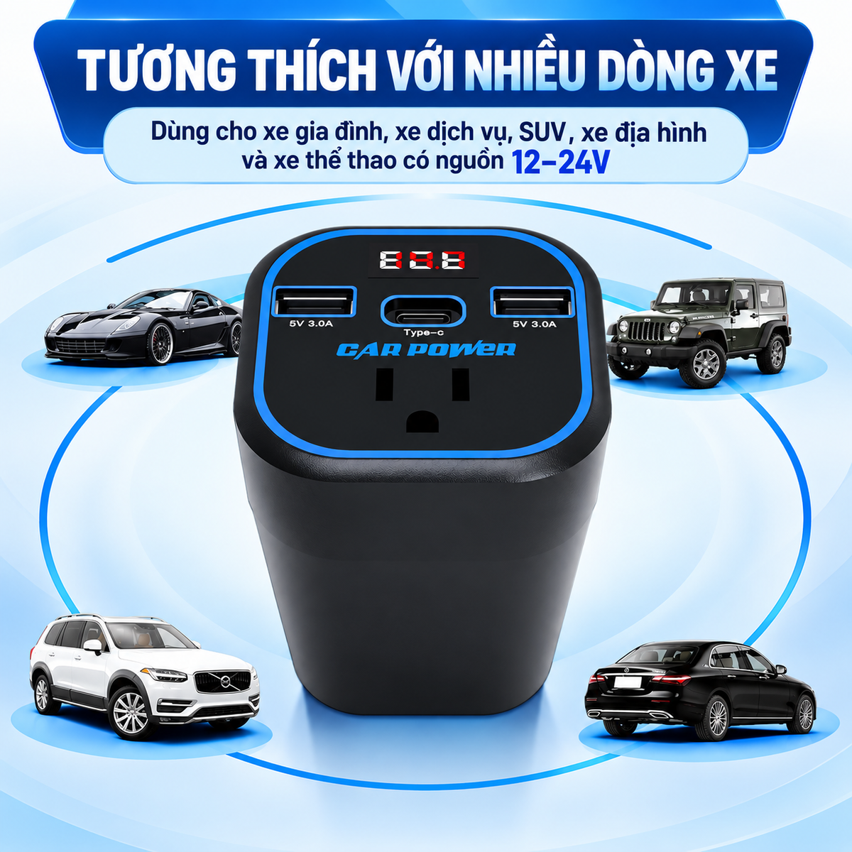 Bộ Chuyển Đổi Điện 200W cho Ô tô | 4 in 1, Sạc nhanh, có ổ AC và cổng USB-C