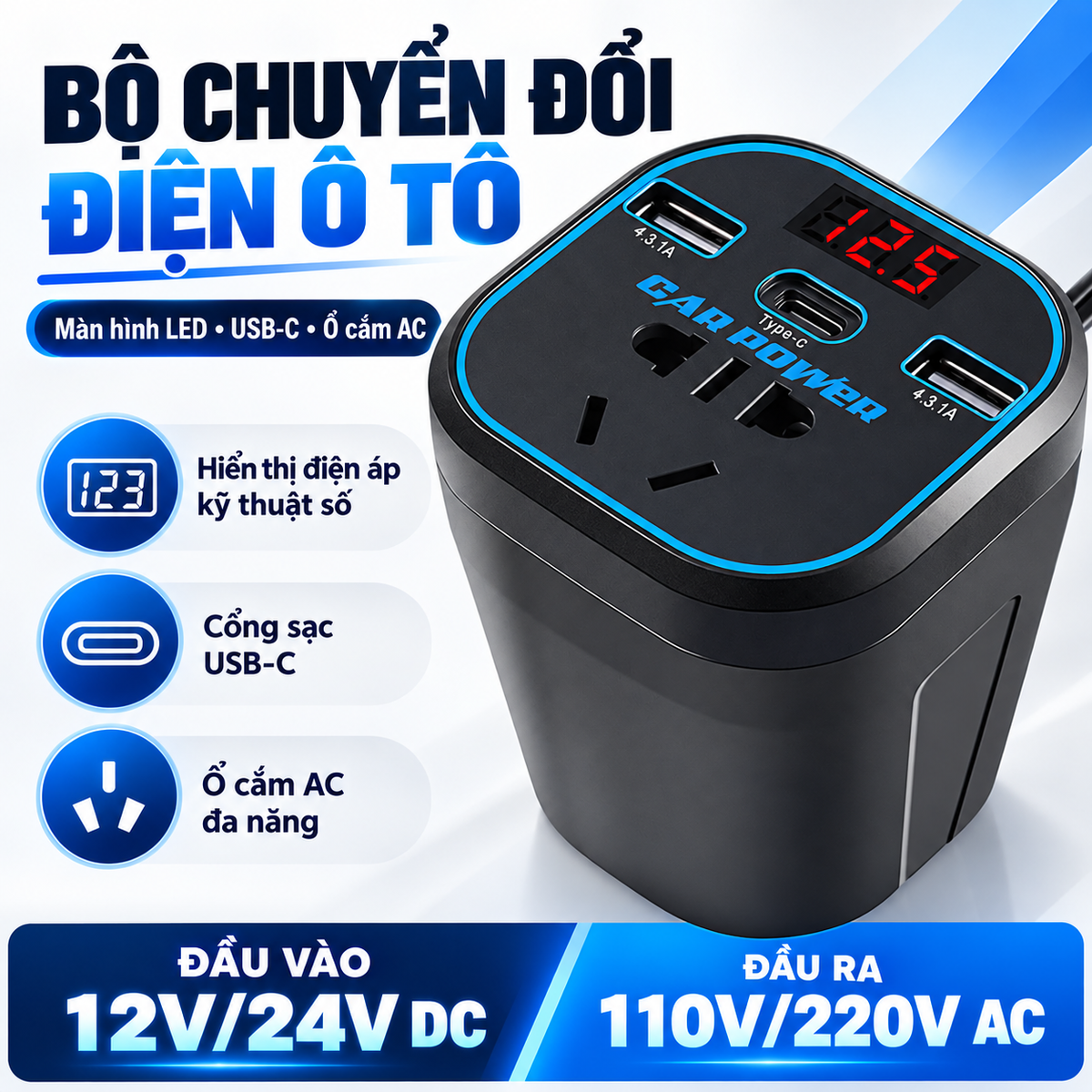 Bộ Chuyển Đổi Điện 200W cho Ô tô | 4 in 1, Sạc nhanh, có ổ AC và cổng USB-C