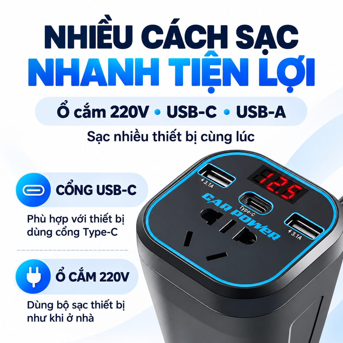 Bộ Chuyển Đổi Điện 200W cho Ô tô | 4 in 1, Sạc nhanh, có ổ AC và cổng USB-C