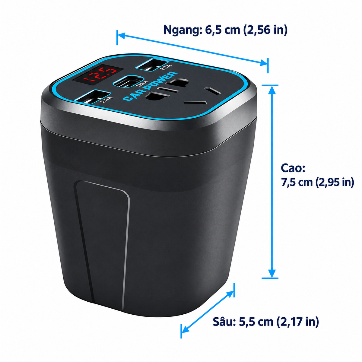 Bộ Chuyển Đổi Điện 200W cho Ô tô | 4 in 1, Sạc nhanh, có ổ AC và cổng USB-C