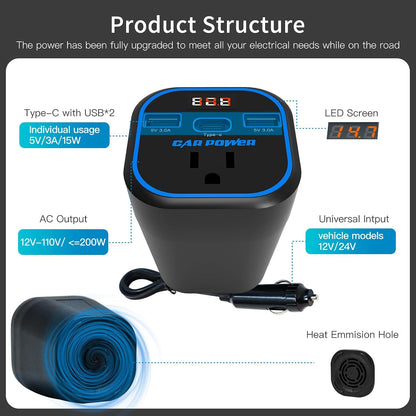 VendrX™ 200W Car Inverter | 4-in-1 Fast Car Charger (AC/USB-C)