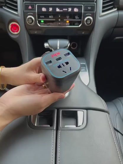 Bộ Chuyển Đổi Điện 200W cho Ô tô | 4 in 1, Sạc nhanh, có ổ AC và cổng USB-C